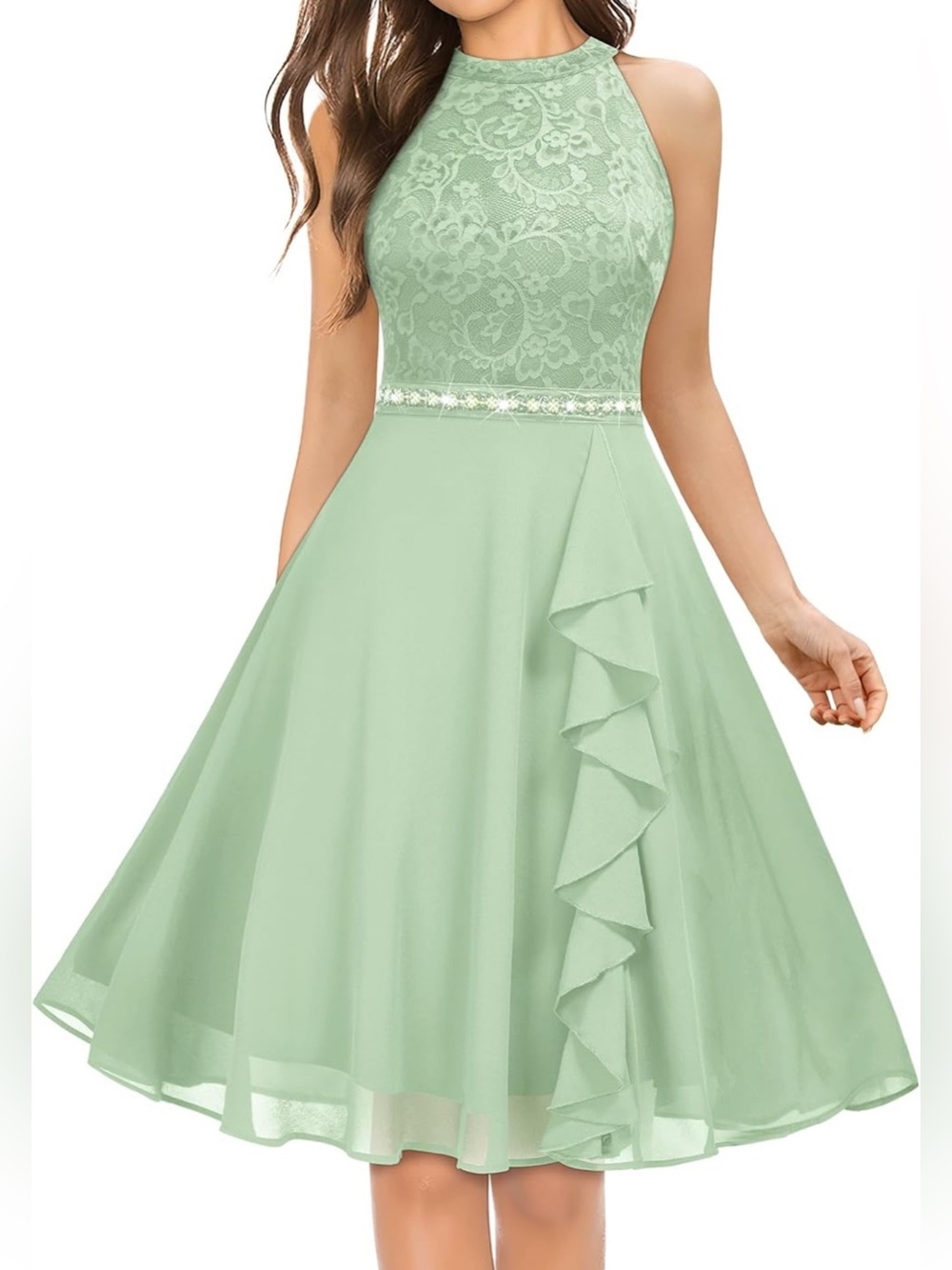 Sleeveless Mint Green Lace Bodice A-Line Dress